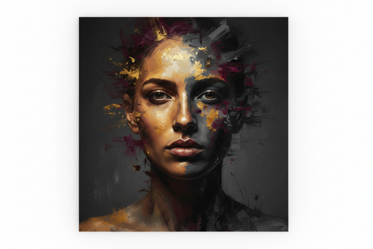 Golden expressionist dark portrait woman canvas wall art flat lay on white background top-down view - Portugal Canvas Co