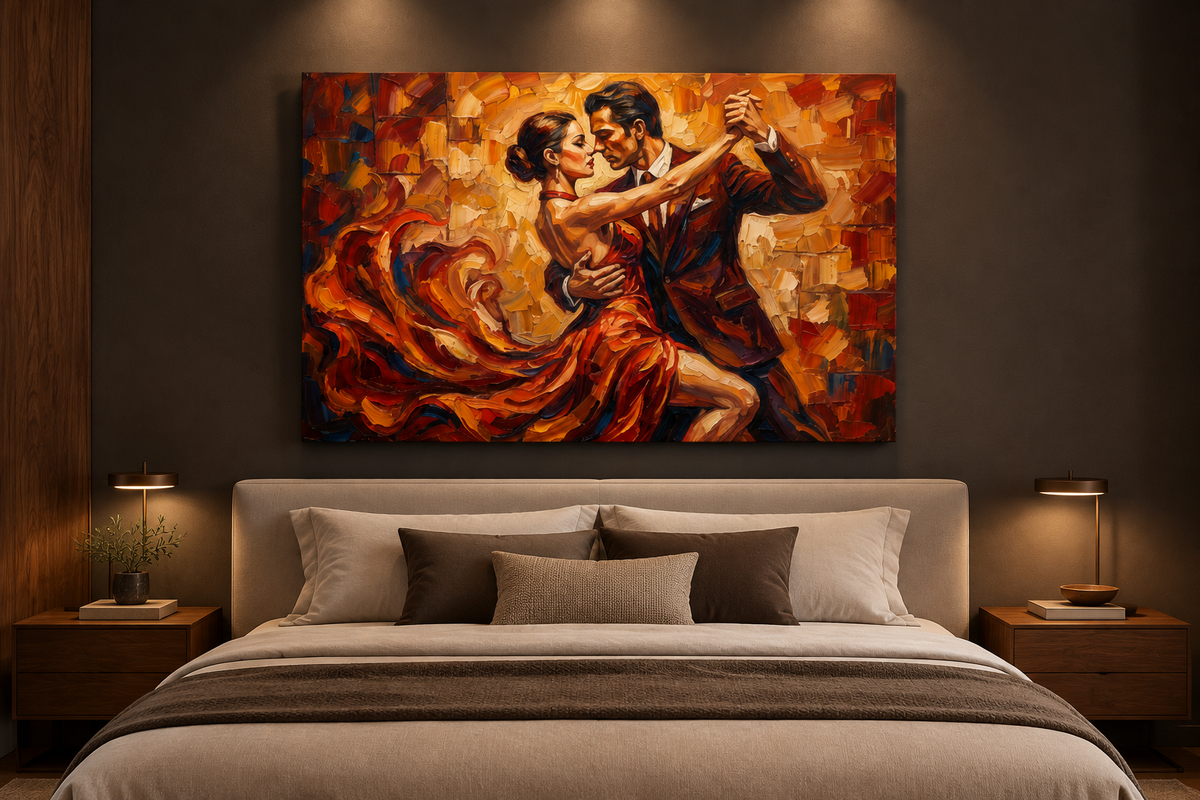 Orange and red tango couple canvas displayed in a dramatic modern bedroom - Portugal Canvas Co