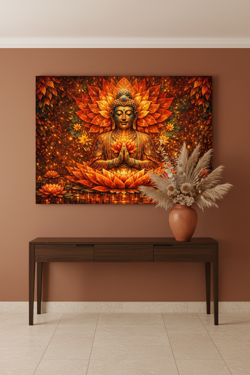 Radiant Buddha meditation golden lotus energy canvas wall art above a dark wood console table with terracotta vase in an elegant spiritual entryway - Portugal Canvas Co