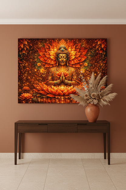 Radiant Buddha meditation golden lotus energy canvas wall art above a dark wood console table with terracotta vase in an elegant spiritual entryway - Portugal Canvas Co