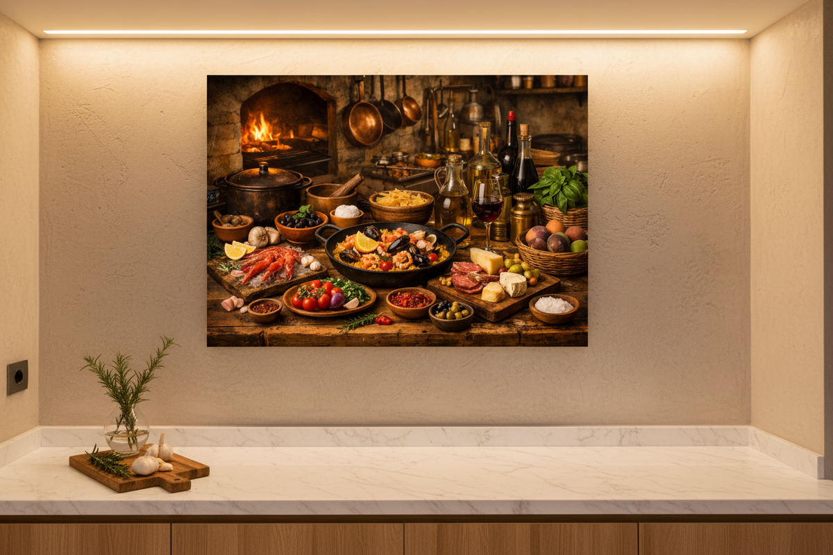 Mediterranean still life kitchen canvas wall art displayed in luxury boutique hotel suite kitchenette with marble countertop - Portugal Canvas Co
