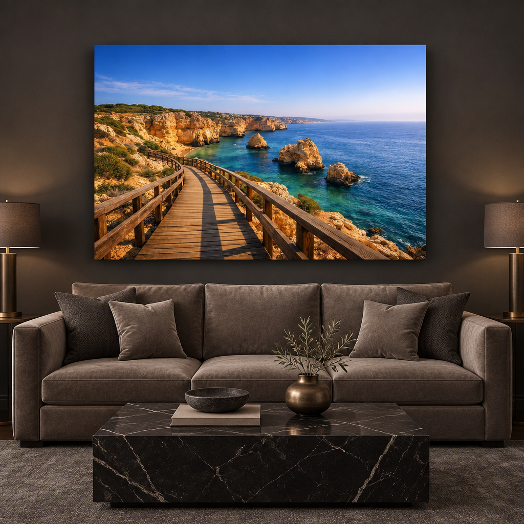 Carvoeiro Boardwalk coastal canvas above a taupe sofa in a charcoal room with a black marble table - Portugal Canvas Co