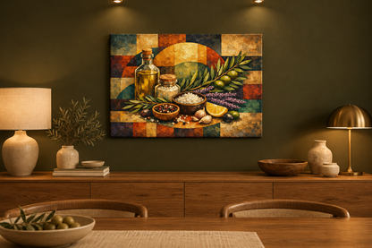 Cubist Mediterranean ingredients still life canvas on a dark olive-green wall above a wooden dining sideboard - Portugal Canvas Co