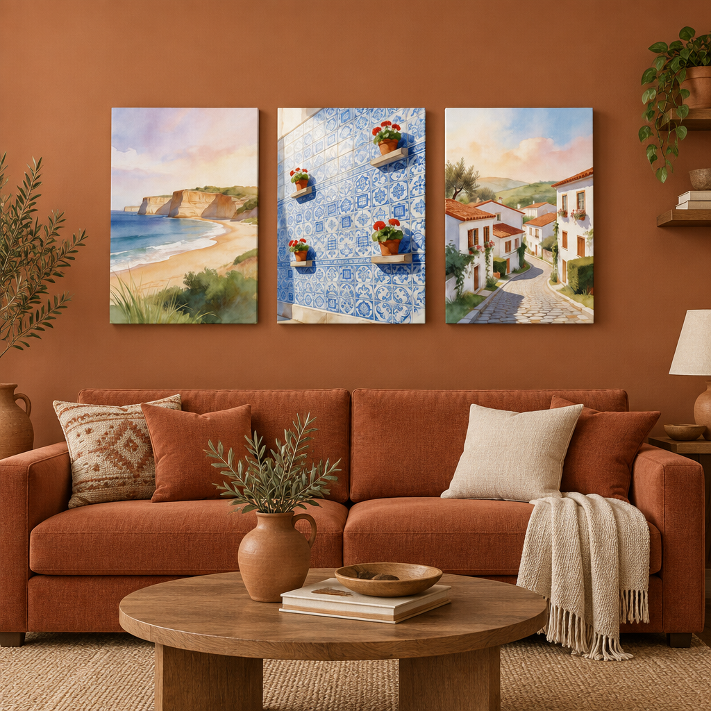 Three-piece Mediterranean canvas wall art in a terracotta living room, beach, Portuguese tiles and village street - Portugal Canvas Co