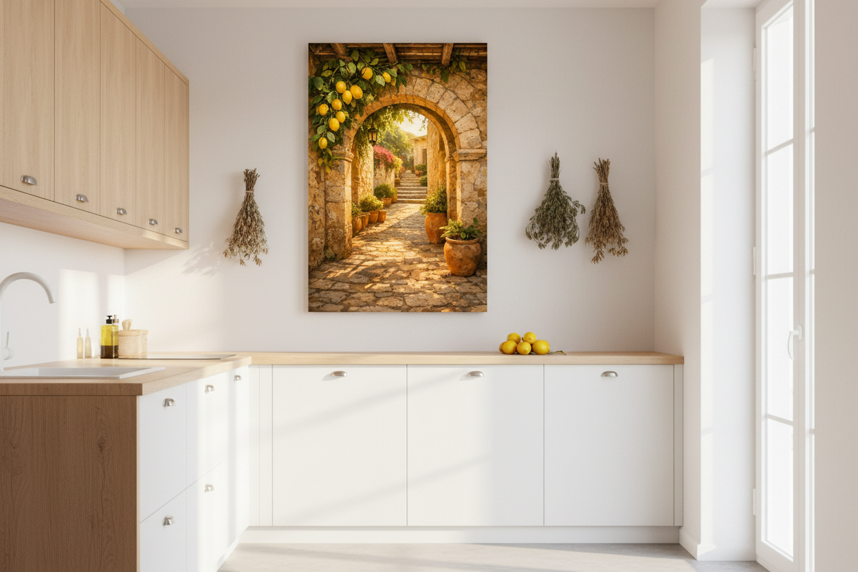 Mediterranean lemon archway canvas print in bright Scandi-Mediterranean kitchen with white and wood cabinets and dried herbs - Portugal Canvas Co