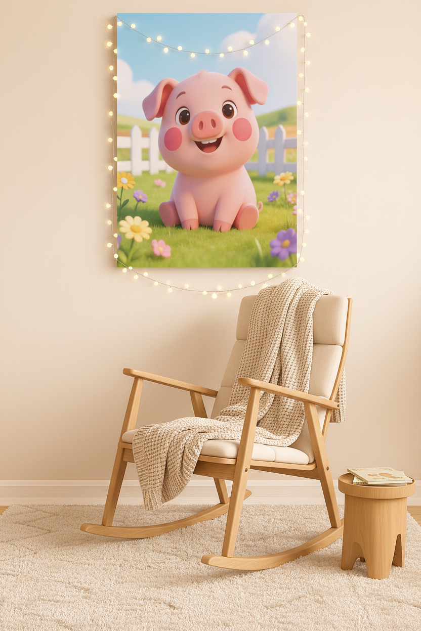 Cute piglet nursery canvas wall art above a rocking chair in a cozy nursery reading nook - Portugal Canvas Co