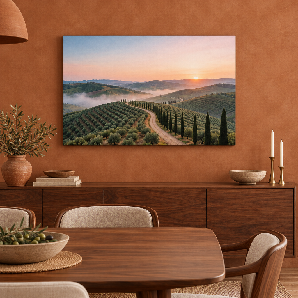 Tuscan sunrise cypress road canvas above a walnut sideboard in a terracotta dining room - Portugal Canvas Co