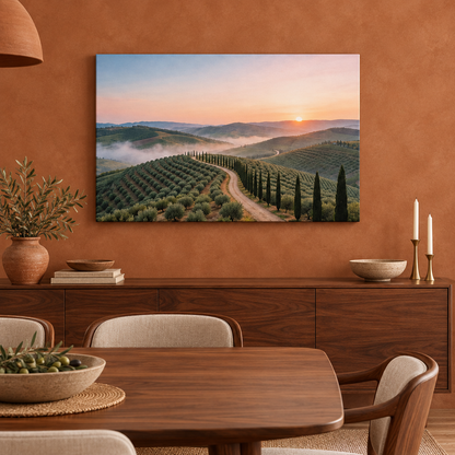 Tuscan sunrise cypress road canvas above a walnut sideboard in a terracotta dining room - Portugal Canvas Co