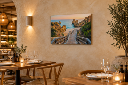 Algarve beach staircase canvas with cliffs and sea at sunset in a fine dining coastal restaurant - Portugal Canvas Co