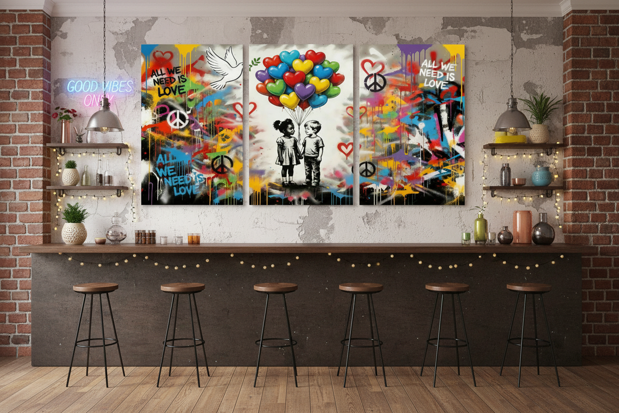 All We Need Is Love graffiti triptych canvas wall art displayed in a trendy urban café bar with neon signs and bar stools - Portugal Canvas Co