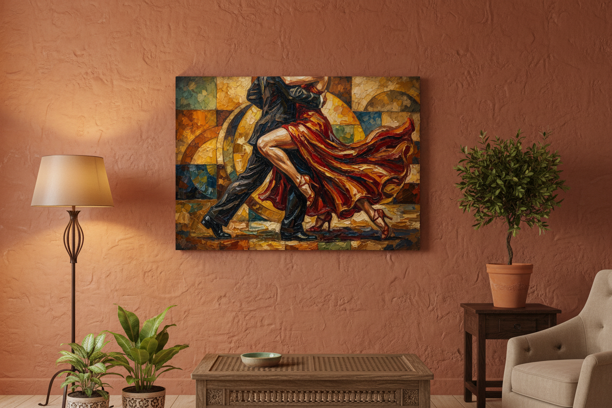 Geometric mosaic tango dance canvas wall art on a terracotta wall in a cosy Mediterranean living room - Portugal Canvas Co