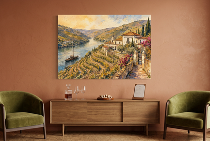 Douro Valley vineyard canvas in a terracotta wine tasting lounge with olive chairs - Portugal Canvas Co