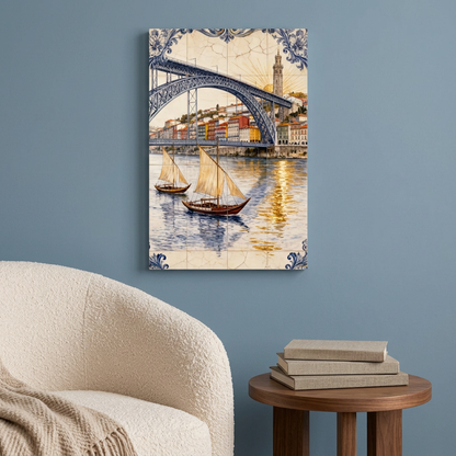 Porto bridge and sailboats canvas on a blue wall beside a cream reading chair - Portugal Canvas Co