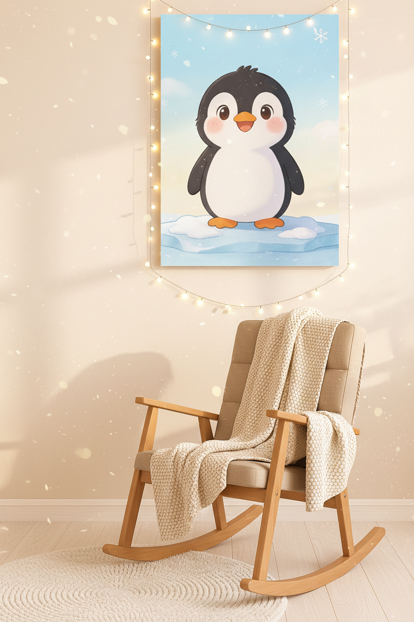 Cute baby penguin nursery canvas wall art above a rocking chair in a cozy nursery reading nook - Portugal Canvas Co