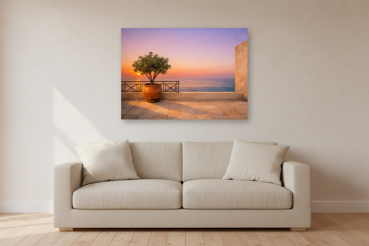 Mediterranean terrace at sunset canvas print displayed above a linen sofa in a bright minimalist living room - Portugal Canvas Co