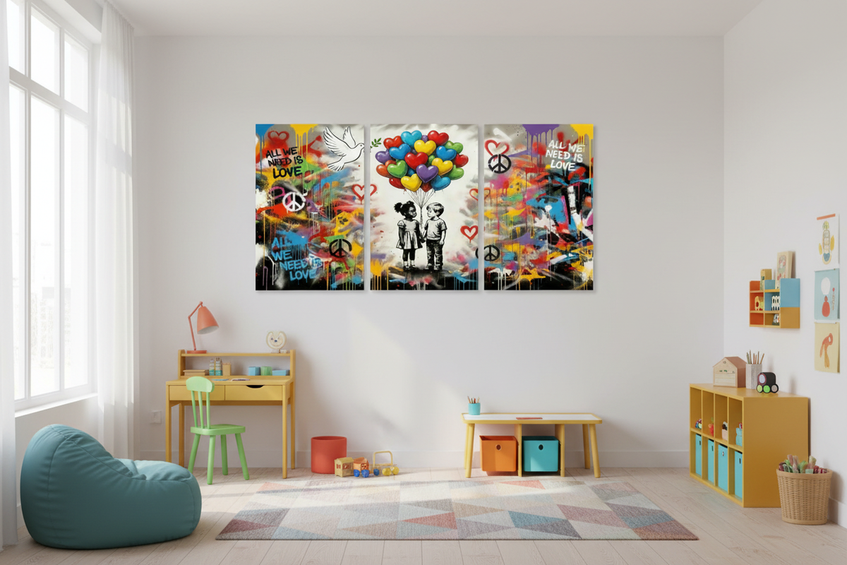 All We Need Is Love graffiti triptych canvas wall art displayed in a bright modern kids bedroom with colourful furniture - Portugal Canvas Co