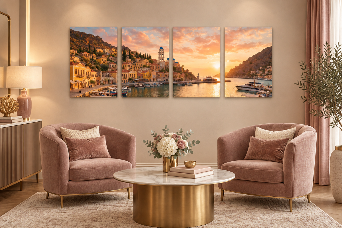 Four-panel Symi harbour sunset canvas in a dusty rose and gold boutique hotel sitting room - Portugal Canvas Co