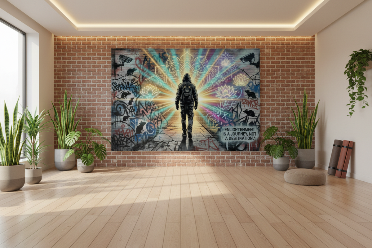 Urban graffiti enlightenment canvas wall art with hooded figure, neon mandala and lotus flowers displayed in a modern yoga and meditation studio with wooden floors and plants - Portugal Canvas Co