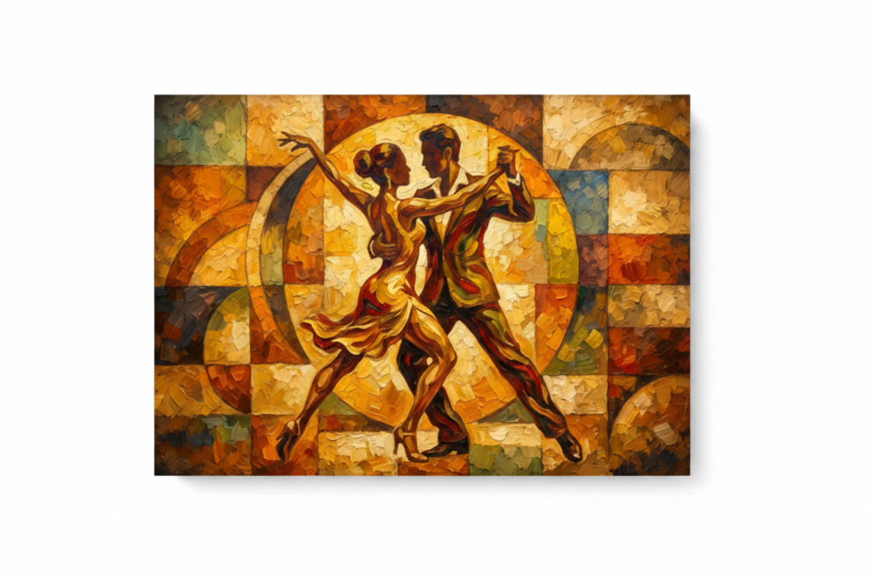 Geometric mosaic tango couples dance canvas wall art flat lay on white background top-down view - Portugal Canvas Co
