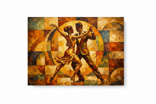 Geometric mosaic tango couples dance canvas wall art flat lay on white background top-down view - Portugal Canvas Co