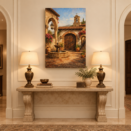 Mediterranean courtyard archway and stone fountain portrait canvas in an ivory entryway - Portugal Canvas Co
