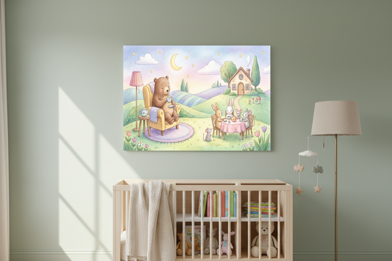 Whimsical woodland tea party nursery canvas wall art on a sage green nursery wall above a wooden bookshelf - Portugal Canvas Co