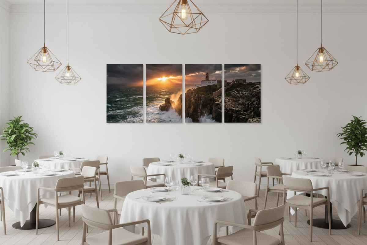 Cabo de São Vicente Lighthouse four-panel canvas wall art displayed in a modern restaurant with elegant minimalist decor - Portugal Canvas Co