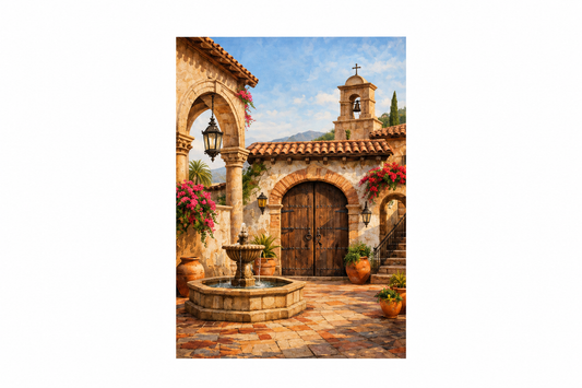Mediterranean courtyard archway and stone fountain portrait canvas artwork flat on a white background - Portugal Canvas Co