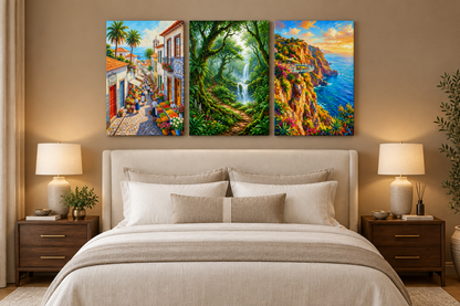 Village street, forest waterfall and coastal cliffs three-panel canvas above an ivory bed in a taupe bedroom - Portugal Canvas Co