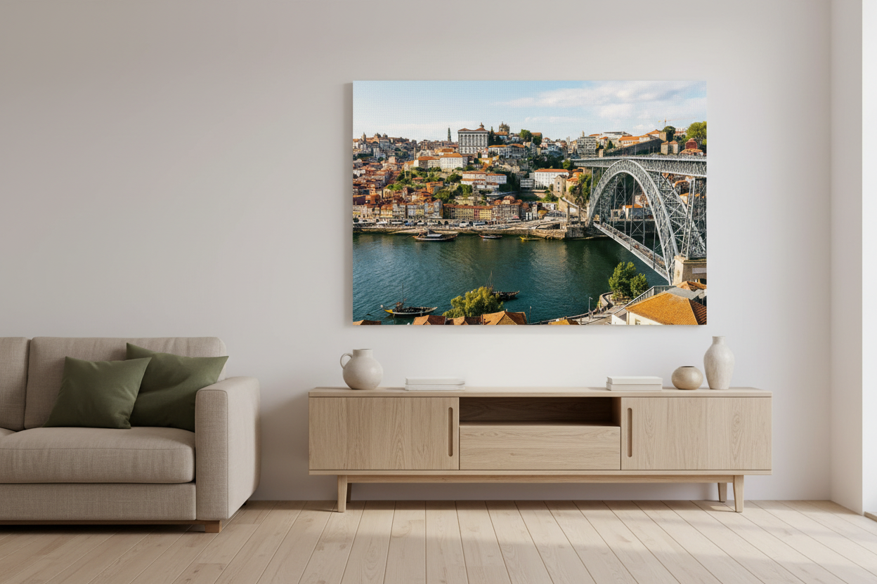 Porto Dom Luís I Bridge canvas wall art displayed in a warm minimalist living room with linen sofa and wooden floors - Portugal Canvas Co