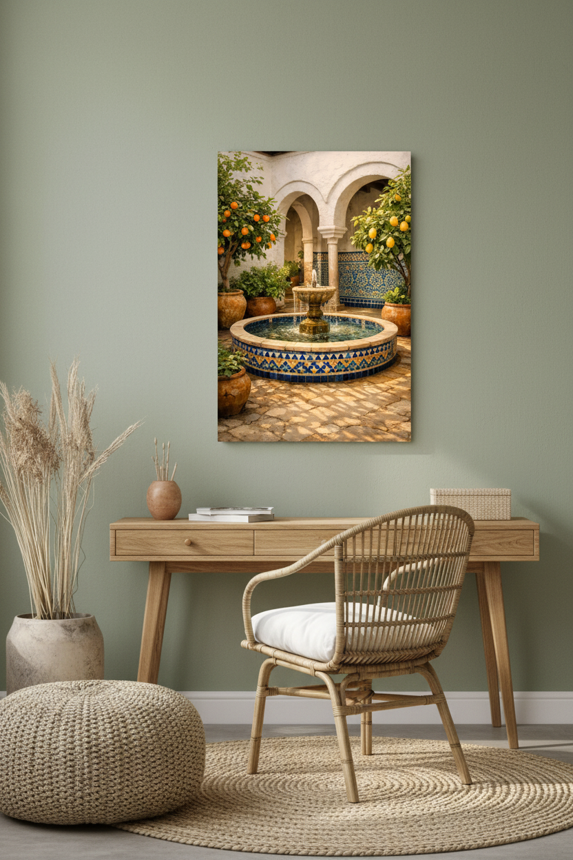 Andalusian courtyard fountain canvas wall art displayed on a sage green wall above an oak desk in a bright home office - Portugal Canvas Co