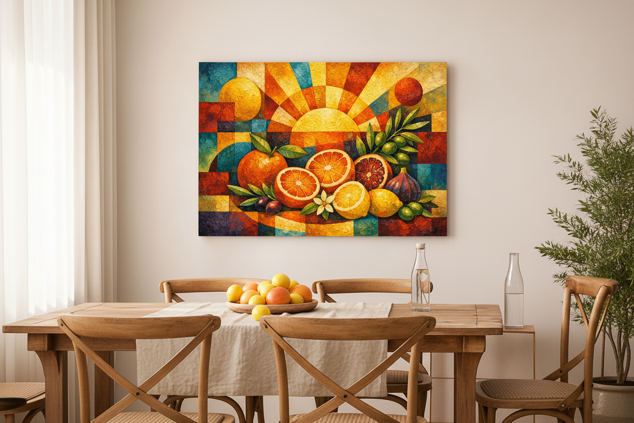 Citrus sunrise still life cubist canvas wall art displayed in a bright modern dining room interior - Portugal Canvas Co