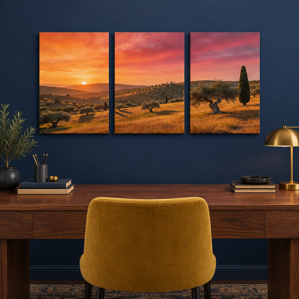 Mediterranean sunset olive grove triptych canvas above a walnut desk in a navy blue study - Portugal Canvas Co