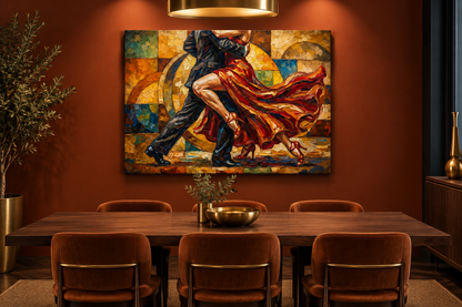 Geometric red dress tango canvas displayed in a sophisticated dining room - Portugal Canvas Co