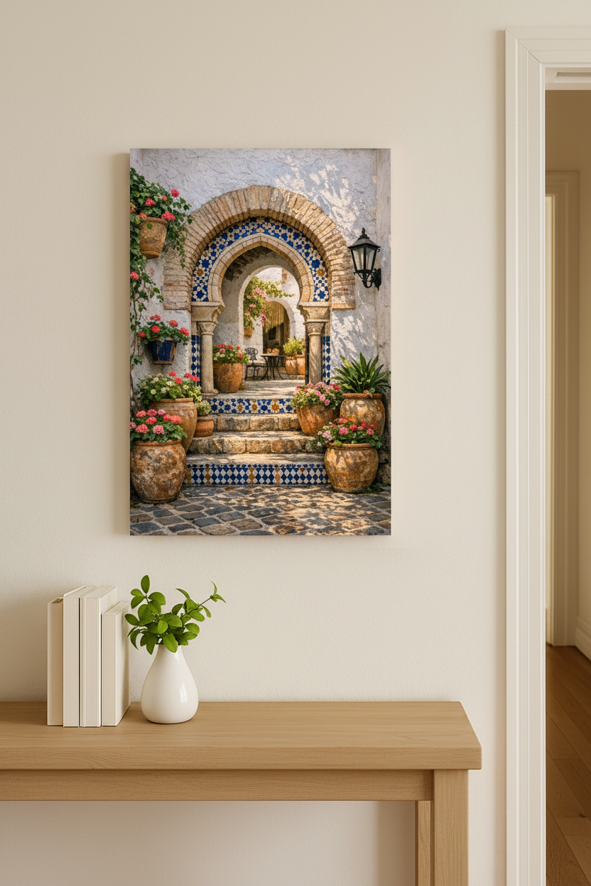 Andalusian archway courtyard canvas wall art with blue mosaic tiles and pink geraniums hung above a light oak console table in a bright Mediterranean hallway - Portugal Canvas Co