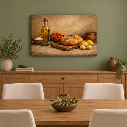 Mediterranean bread, olive oil and lemon still-life canvas in a sage green dining room - Portugal Canvas Co