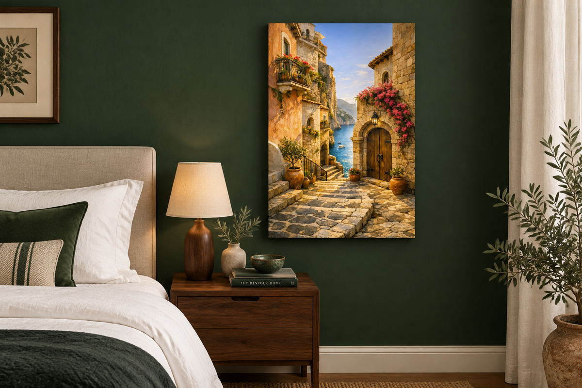 Stone village doorway with pink bougainvillea and sea view canvas wall art above a bed in a forest green bedroom - Portugal Canvas Co