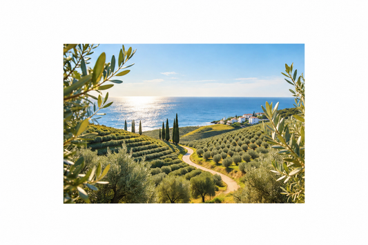 Mediterranean olive grove coastal landscape canvas artwork flat on a pure white background - Portugal Canvas Co