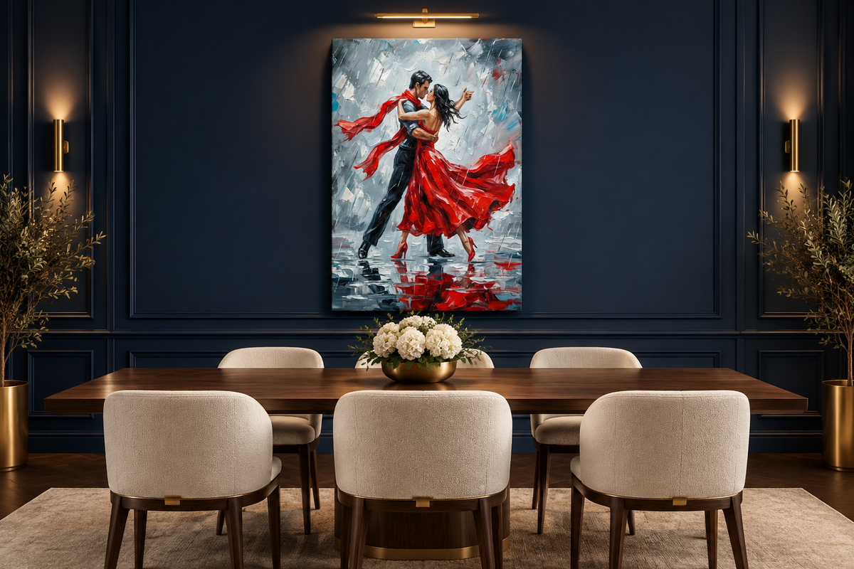 Red dress tango couple portrait canvas displayed in a luxury dining room - Portugal Canvas Co