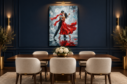 Red dress tango couple portrait canvas displayed in a luxury dining room - Portugal Canvas Co