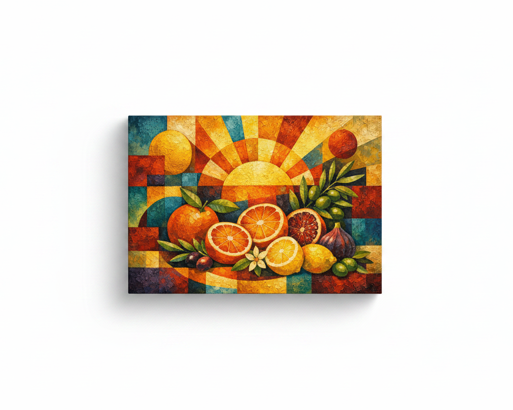 Citrus sunrise still life cubist canvas wall art with oranges lemons and geometric sunburst on white background - Portugal Canvas Co