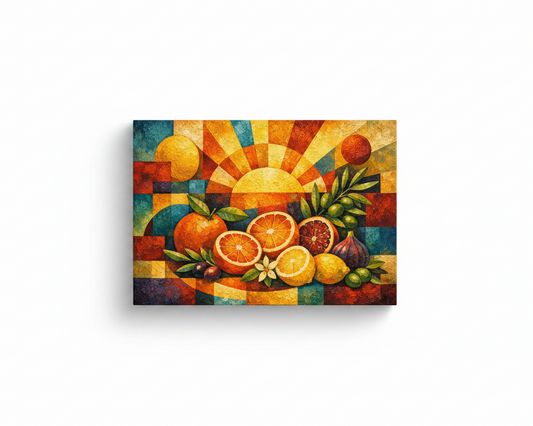 Citrus sunrise still life cubist canvas wall art with oranges lemons and geometric sunburst on white background - Portugal Canvas Co
