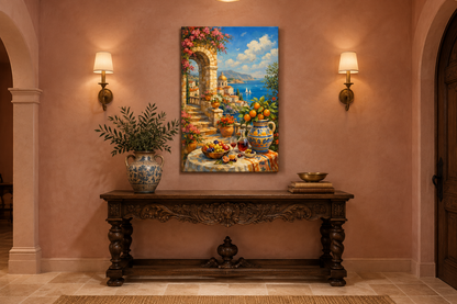 Mediterranean terrace dining scene canvas above an oak console in a dusty rose Spanish revival entrance hall with brass sconces - Portugal Canvas Co