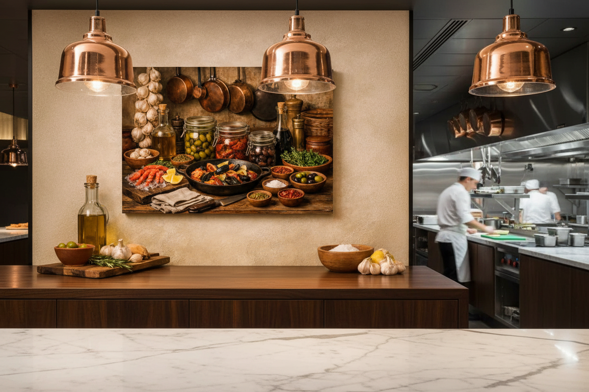 Mediterranean kitchen still life canvas wall art on wall of upscale restaurant kitchen with marble countertops and warm pendant lighting - Portugal Canvas Co