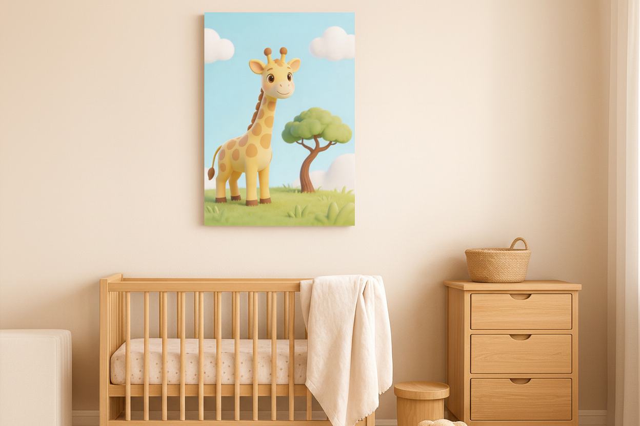 Cute giraffe canvas wall art displayed in a soft pastel nursery room above a wooden crib - Portugal Canvas Co