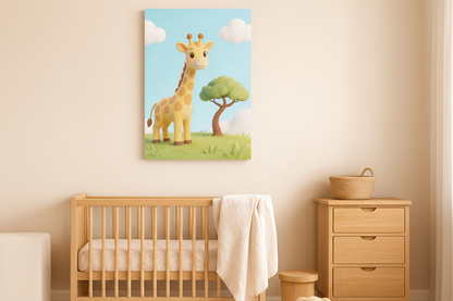 Cute giraffe canvas wall art displayed in a soft pastel nursery room above a wooden crib - Portugal Canvas Co