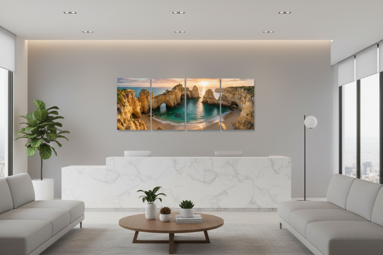 Ponta da Piedade Algarve golden sunset four-panel canvas art displayed on a grey wall in a premium modern corporate office reception area - Portugal Canvas Co