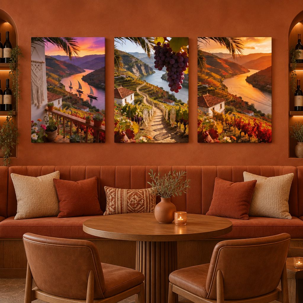 Douro Valley three-panel gallery-wrapped canvas set above a terracotta wine bar banquette - Portugal Canvas Co