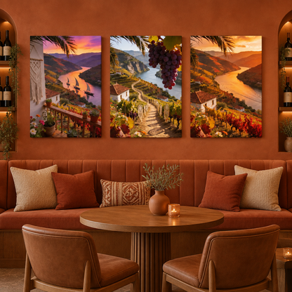 Douro Valley three-panel gallery-wrapped canvas set above a terracotta wine bar banquette - Portugal Canvas Co