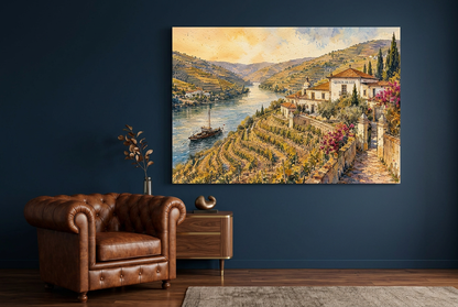 Douro Valley river and vineyard canvas in a navy lounge with a leather armchair - Portugal Canvas Co